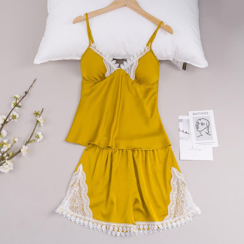 Summer satin pajamas women's silk sexy shorts casual women's lace loungewear set 1111 light luxury