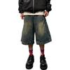 Unisex American Retro Washed Wide-Leg Denim Shorts – High Street Distressed Casual Style for Summer.