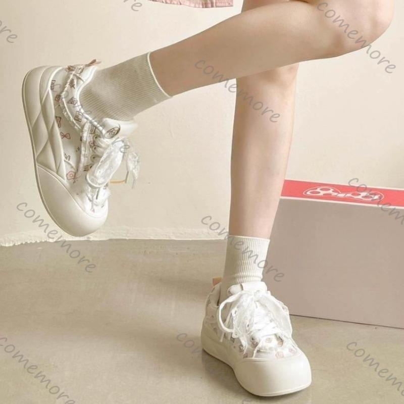 Fashion Comemore Cute Bread Shoes Thick-Soled White Sneakers Women's 2025 New Spring Autumn Casual Lace Up Round Toe Board Sneaker Shoes
