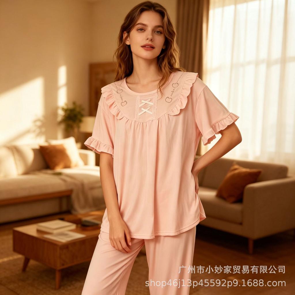 Women's pajamas set imitation cotton fabric lace short sleeves trousers sweet loungewear new explosion