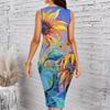 Women Plus Size Crew Neck Sleeveless Midi Dress Vivid Oil Painting Sunflower Floral Print Bodycon Dress