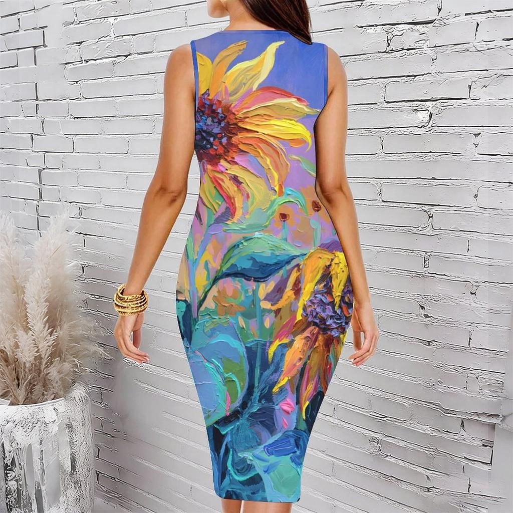 Women Plus Size Crew Neck Sleeveless Midi Dress Vivid Oil Painting Sunflower Floral Print Bodycon Dress