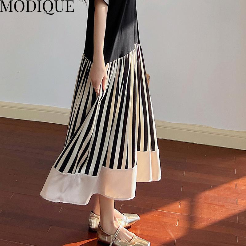 MODIQUE Sommerkleider für Damen in Übergröße, lockere, vielseitige A-Linie, Streifen, Patchwork, plissiertes Baumwoll-T-Shirt, lange Kleider für Damen, lässig, kurzärmelig, O-Ausschnitt