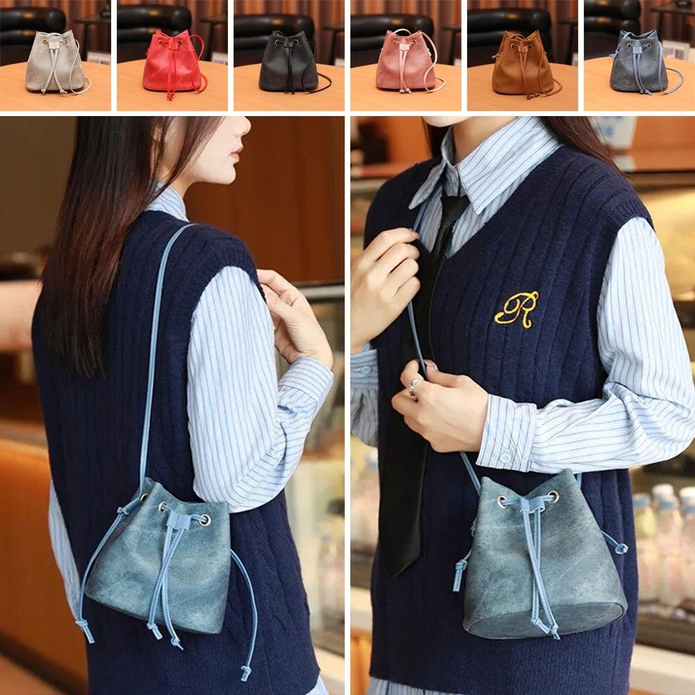 1Pcs New PU Leather Drawstring Bucket Bag Casual Urban Minimalist Style Shoulder Bag Small Crossbody Bag for Women