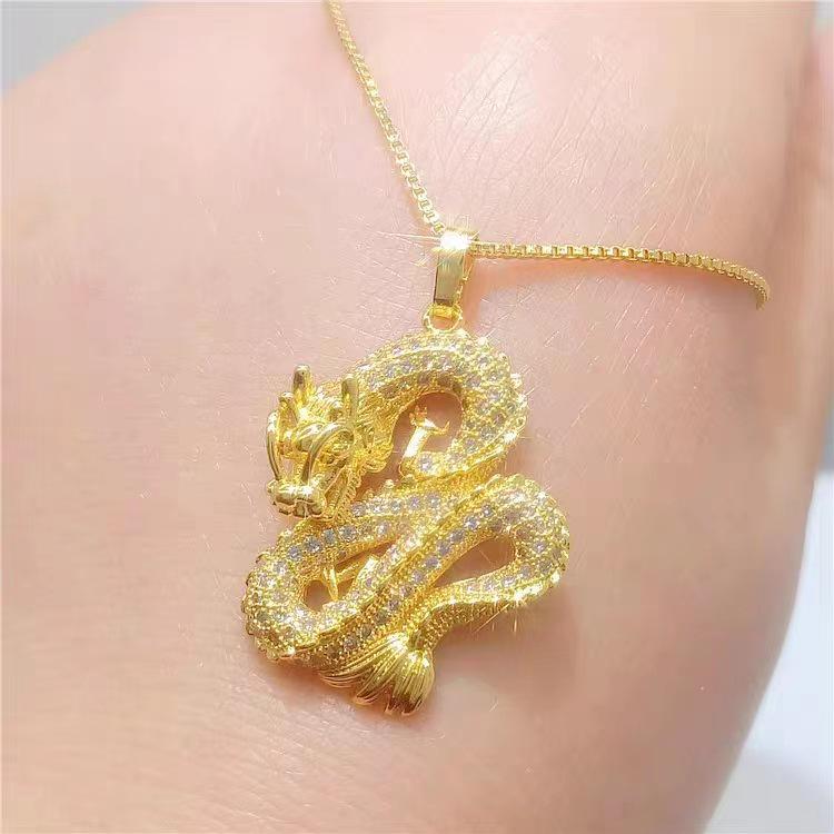 Vietnam Gold Emblem Diamond-Studded Dragon Pendant Necklace for Men - Brass Gold-Plated Imitation Tycoon Jewelry