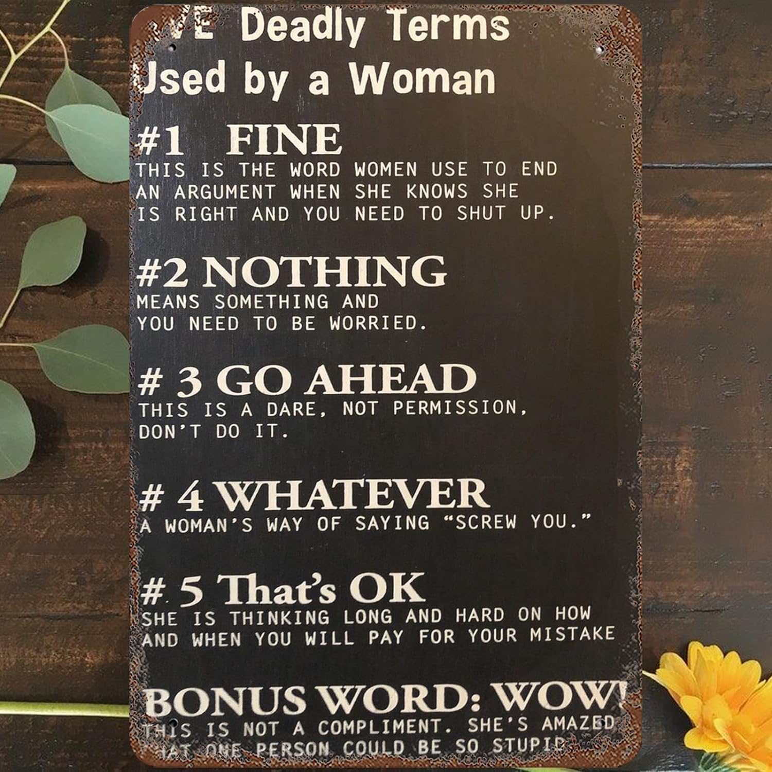 Five Deadly Terms Used By Woman Wall Art Decor Funny Distressed Look Poster Tin Sign Wall Poster Decor Funny Retro Bar Coffe 20x30cm(7.8x11.8inch)