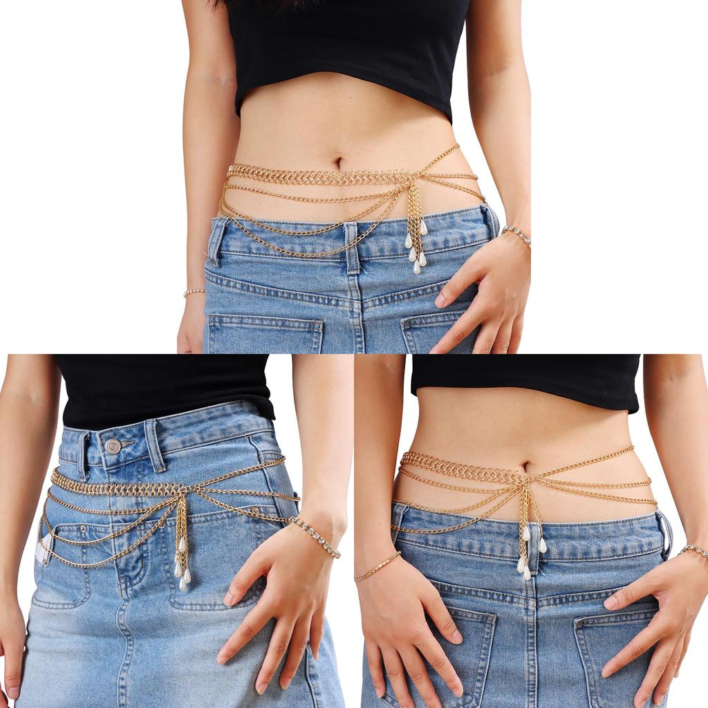 Female Summer Gold Pearl Multilayer Body Chain With Lobster Clasp For Fashion Trendy Wear