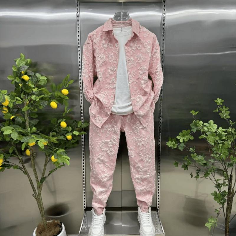 Men's Autumn Embossed Print Casual Shirt and Pants Set