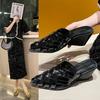 2025 New Woven Leather Sandals Women's Summer Hollow Out Mid Heel Mules Trendy Slip-On Shoes Rubber Upgraded Version