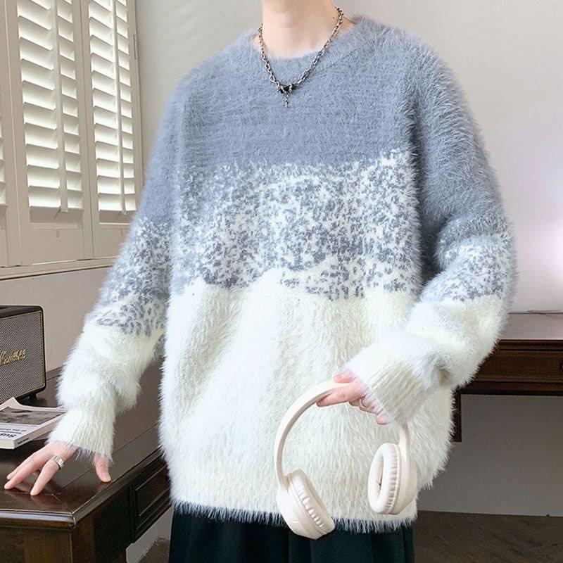 Men's Color Block Round Neck Wool Sweater - Soft, Thick & Warm Trendy Knitwear for Autumn & Winter