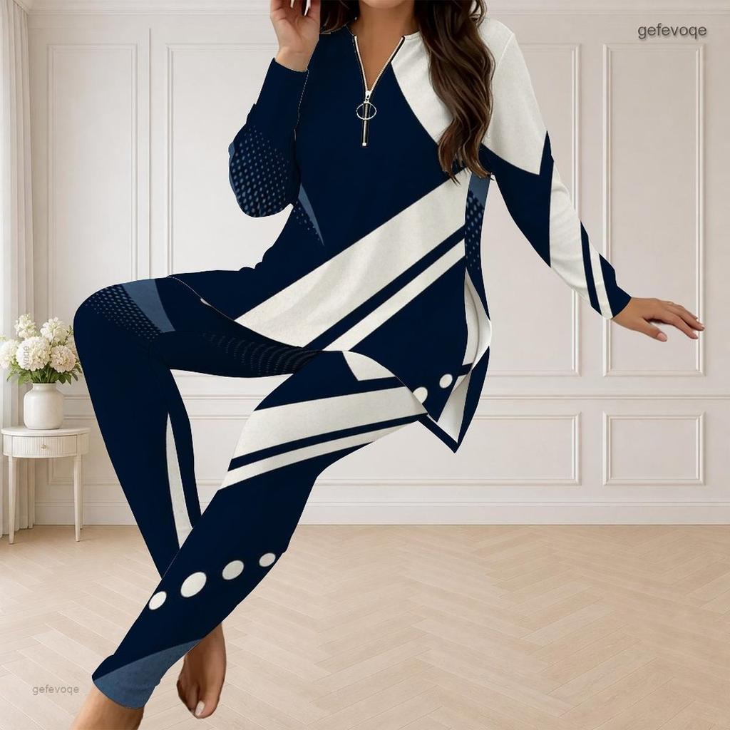 Women Plus Size Half Zip Long Sleeve Radial Geometric Printed Two Piece Set Black White Orange Longline Top Fitted Pants