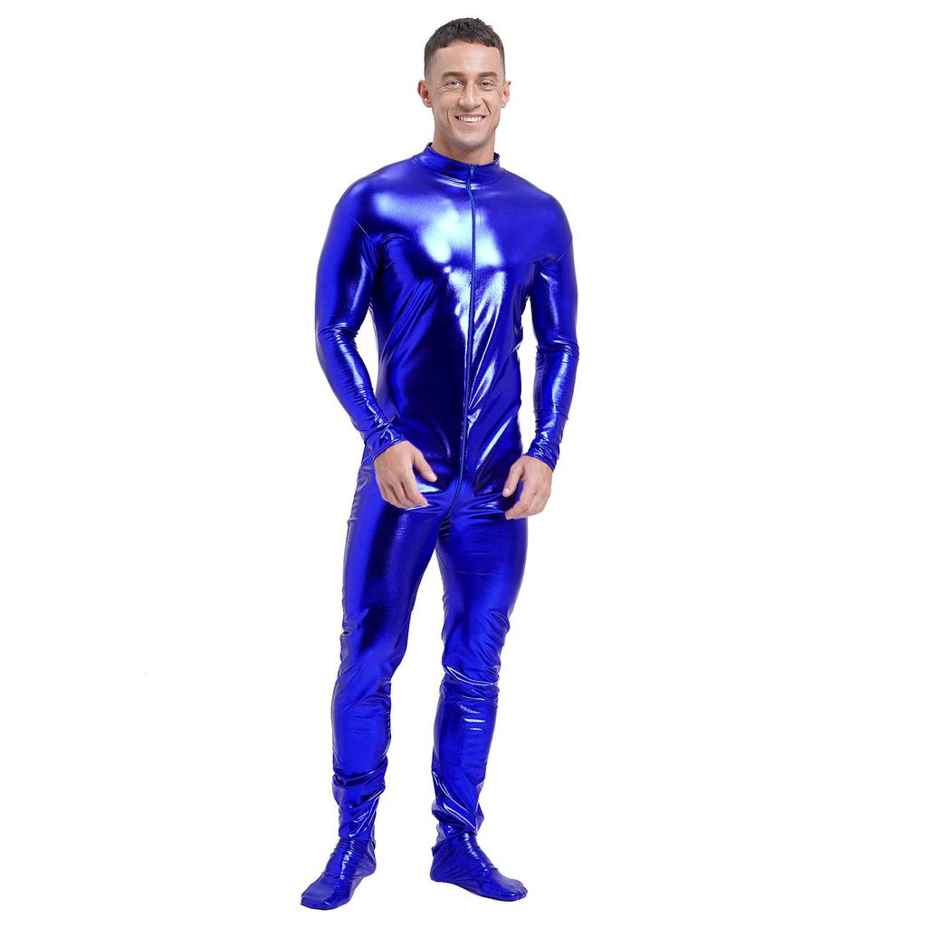 Męski Metaliczny Kombinezon Zentai Całe Ciało Obcisły Golf Długi Rękaw Kostium na Występy Klubowe