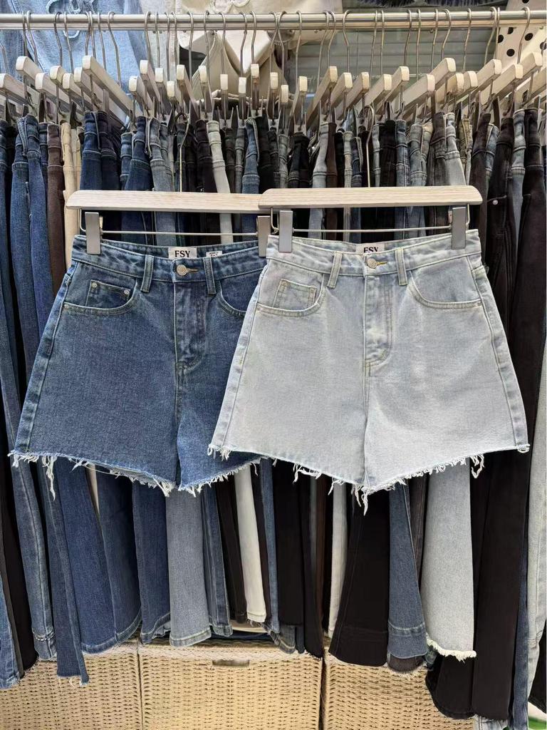 Women's European-Style Retro Blue Denim A-line Shorts - High Quality, Loose Fit, Frayed Hem, Wide Leg with Slit