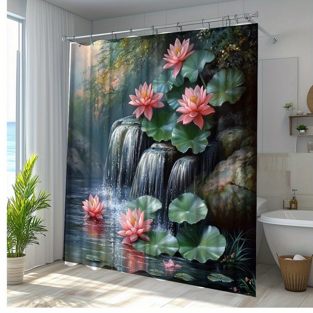 1Pc Waterfall Nature Landscape Shower Curtain Relaxing Lotus Flowers Design Polyester Fabric Bathroom Decor Includes 12 Hooks