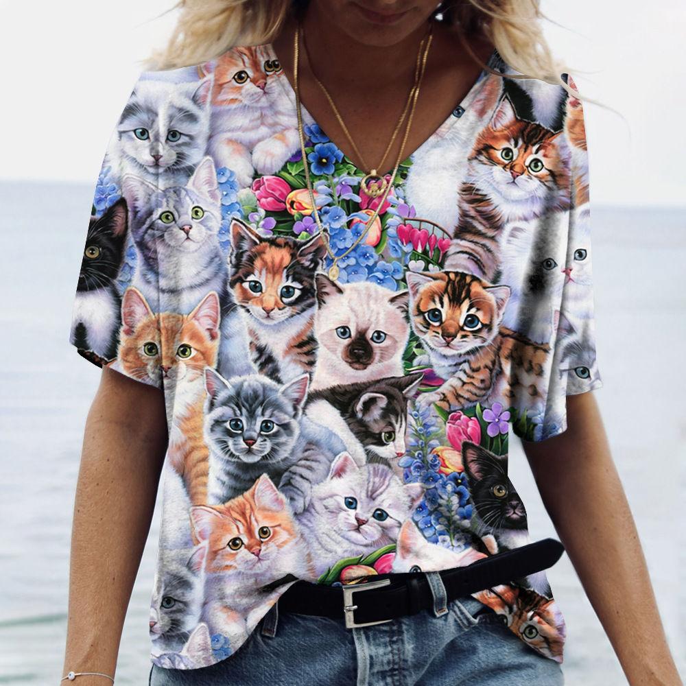 Ladies' V-neck T-shirt, Cat 3D Digital Print Casual Fashion T-shirt, Digital Print Short-sleeved T-shirt