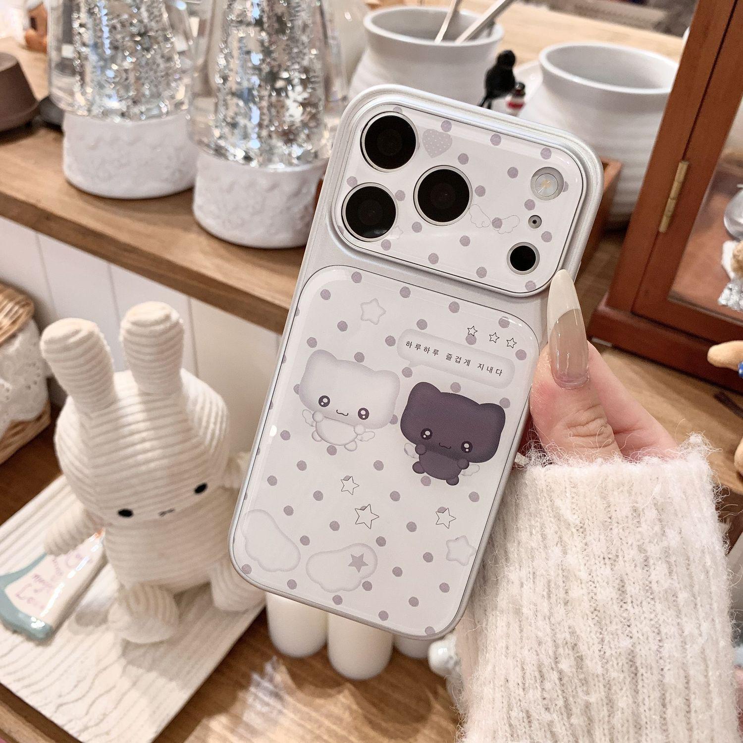 

Black & White Polka Dot Cat Angel Phone Case for Apple 17 Pro Max, 16 Silver Frame, 15 Corning, 11 Apple 14 PLUS