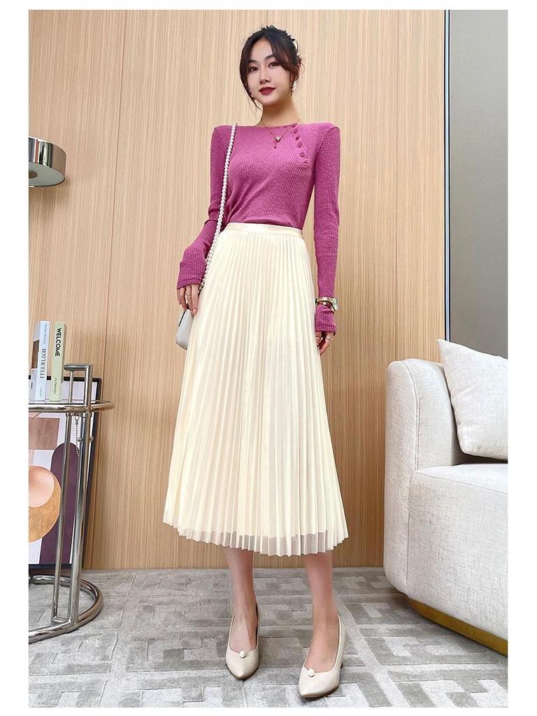 Mesh Pleated Women's Midi Skirt, High-Waisted A-Line for Spring/Summer