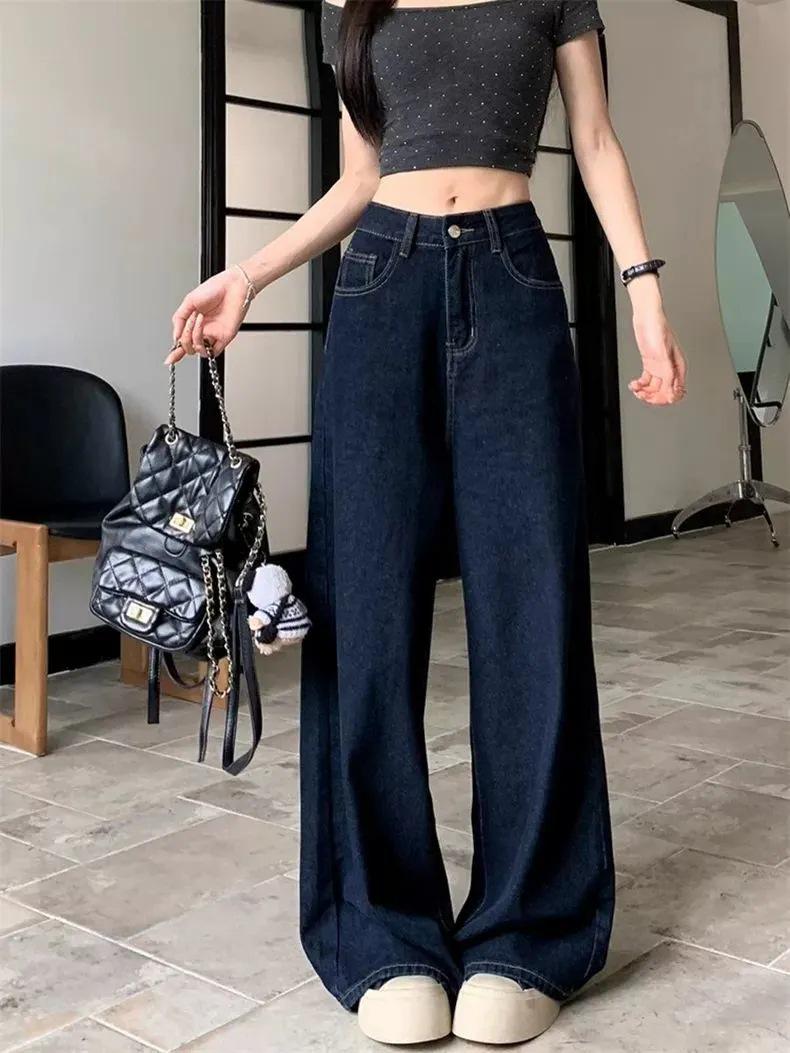 

Женские джинсы больших размеров в стиле ретро с высокой посадкой и широкими штанинами - Коллекция Весна/Осень 2025 XL темно-синий