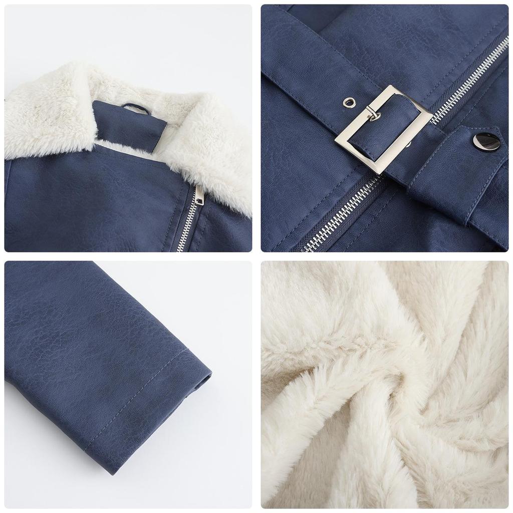 Women's Long-Sleeve Velvet-Lined Leather Jacket with Lapel, Double-Head Zipper, and Belt for Autumn and Winter.