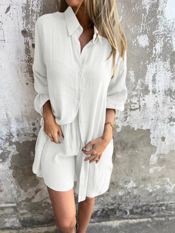 European & American Women's Cotton Linen Two-Piece Set: Solid Color Long Sleeve Crinkle Shirt and Casual Shorts (2025)