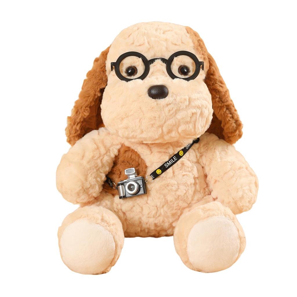 Adorable Egg Tart Camera Plush Dog Doll with Cute Glasses - Healing Companion Toy
