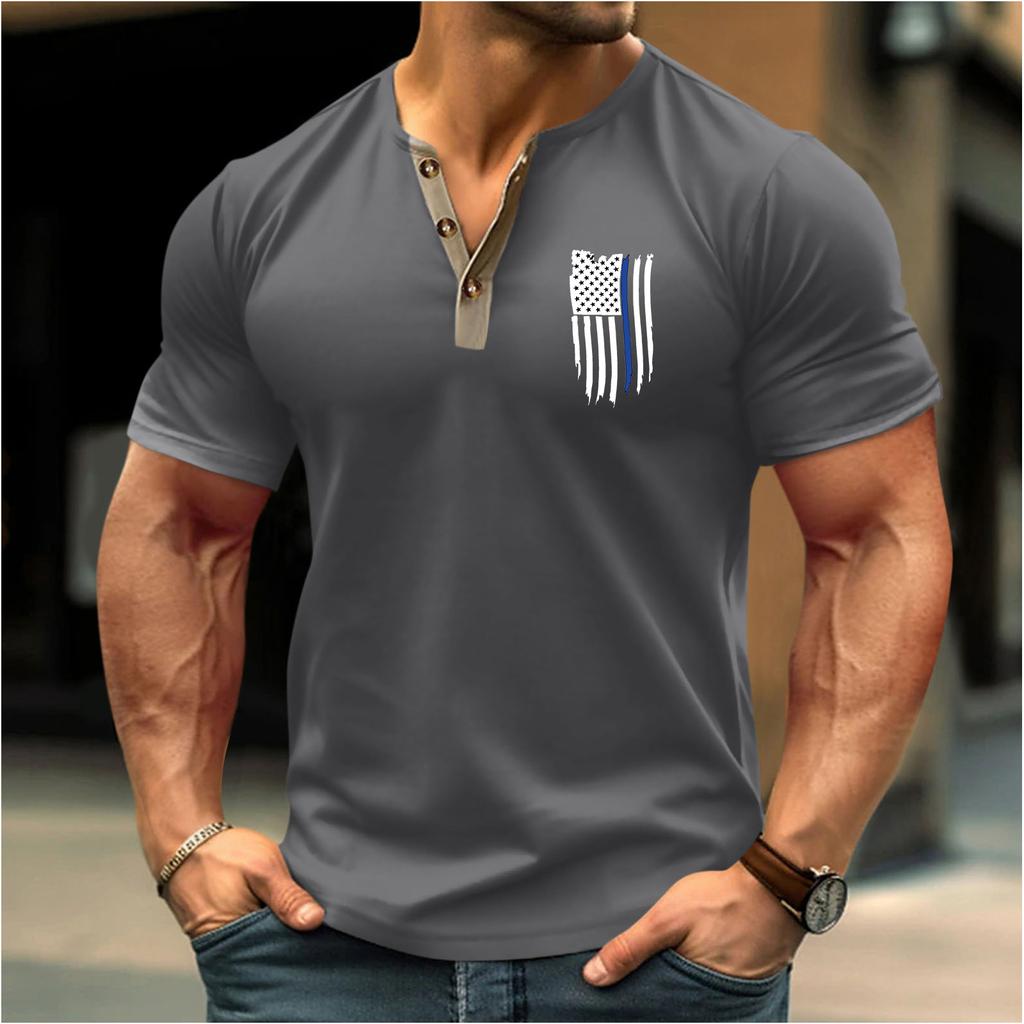 Vintage Summer Men's T-Shirt Streetwear 3 Buttons Open Fly Loose Clothing Print Short Sleeve T-Shirt