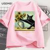 Van Goghs Cat Art Print T Shirt Funny Graphci T Shirts Cotton Trendy Summer Loose Short Sleeved Tshirt Unisex Unisex Harajuku Top