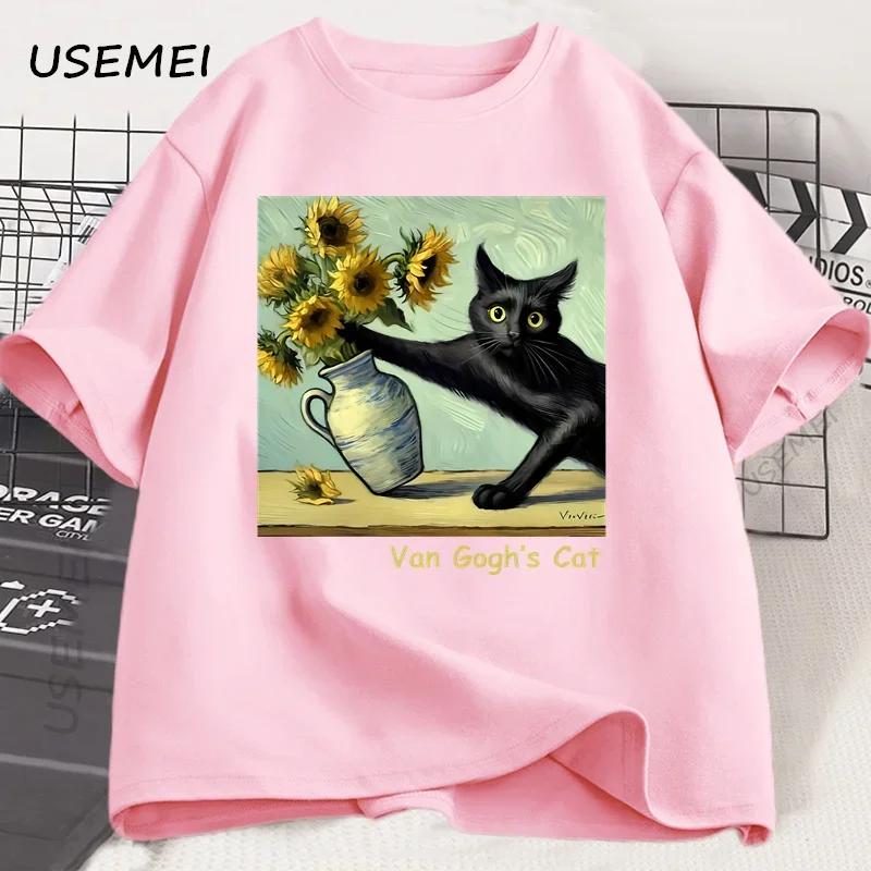 Van Goghs Cat Art Print T Shirt Funny Graphci T Shirts Cotton Trendy Summer Loose Short Sleeved Tshirt Unisex Unisex Harajuku Top