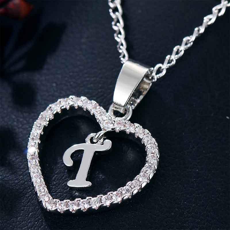 Heart Letters 26 Love Crystal Women Silver Plated Chain Jewelry Necklace