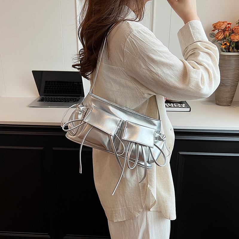 Retro Underarm Bag Double Pockets PU Leather Shopping Bag Fashion Solid Designer Armpit Bag Zipper Portable Ladies Chic Hobo Bag