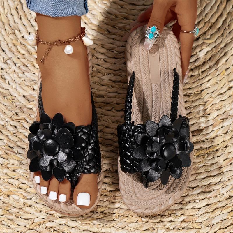 Large size flower toe women's cool slippers summer new hollow woven beach slippers