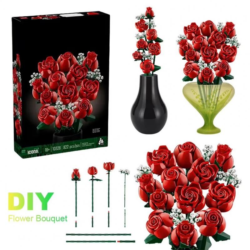 1 set byggbara blomsterbuketter, byggklossar, evig rosmodell för alla hjärtans dag, födelsedagspresent, kreativ heminredning för skrivbord