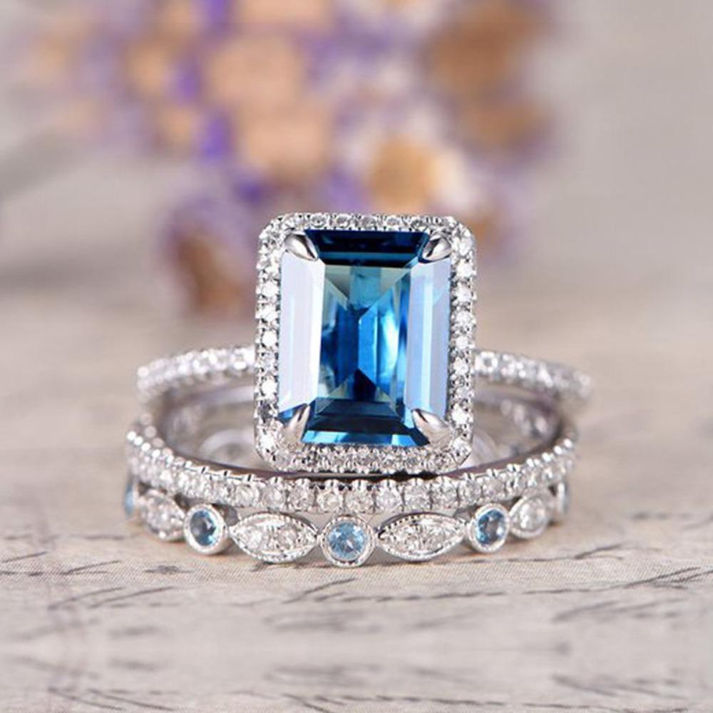 Luxury Charm Shining Full of Sea Blue Zircon Crystal Geometric Square Rings for Women Men Bride Engagement Wedding Jewelry Gift