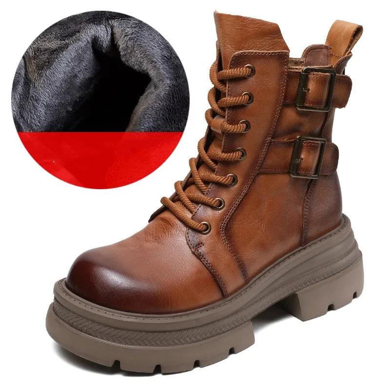 6CM Women Mid Calf Boots 2024 Autumn Winter Quality Genuine Leather Thick High Heel Platform Wide Head Lace-Up Retro Boots