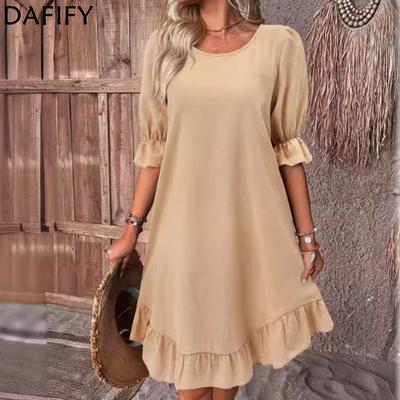 Women's Fashion Summer Spring Solid Color Print 1/2 Sleeves O-Neck Loose Waistline Casual Dresses