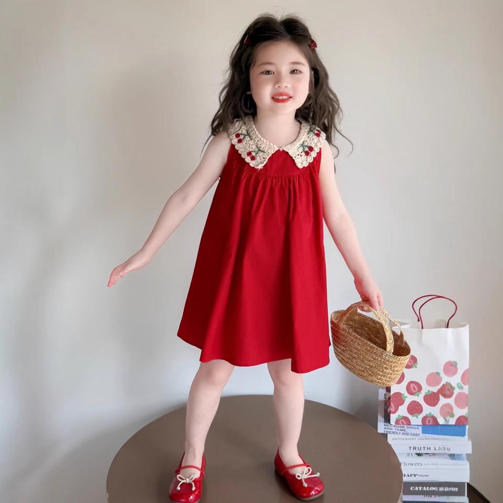 Girls Red Sleeveless Summer Dress for First Birthday Party