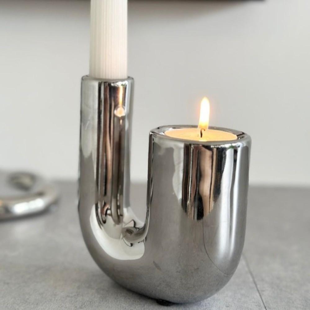 Modern U-shaped Ceramic Candle Holder Romantic Electroplating Silver Candle Stand Light Luxury Candlestick Holder Office