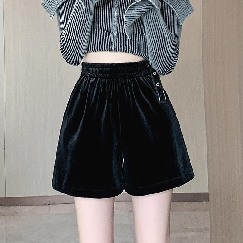 

Женские черные золотые бархатные шорты А-силуэта с высокой талией и расклешенными штанинами для осени/зимы 2025 XL чёрный