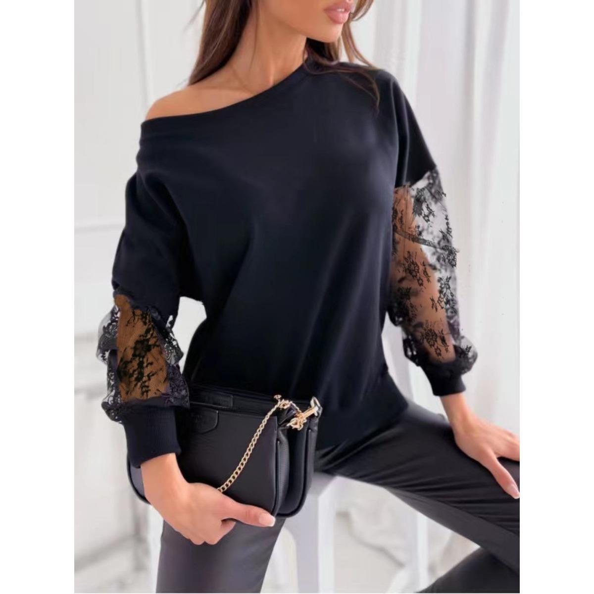 

Spring Summer Women s Solid Color Lace Splicing Long Sleeve T-Shirt, European American Style Casual Top for Crossborder Wear XXL