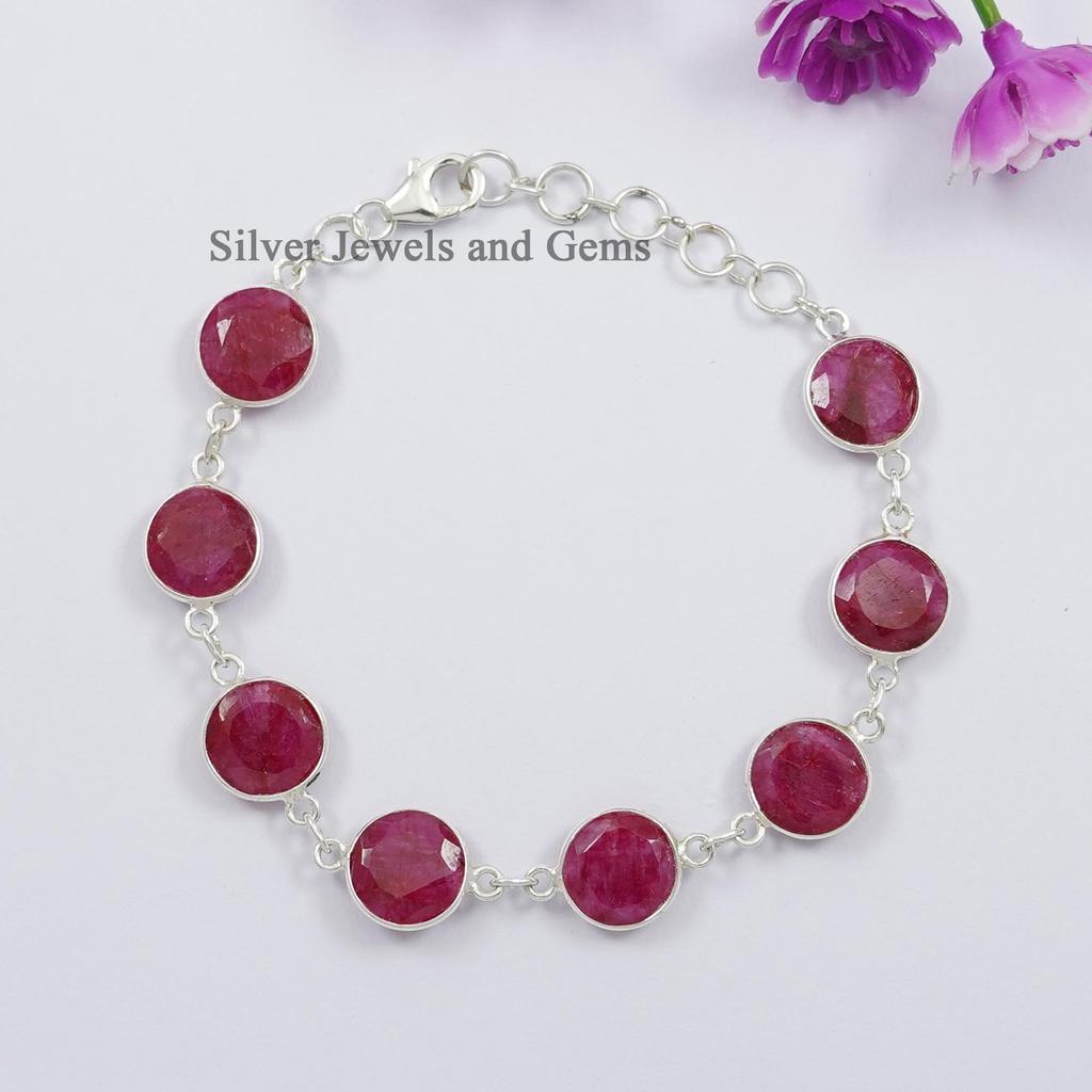 Bracelet Rubis Rouge, Bracelet avec Sertissage de Pierre Précieuse Ronde, Bracelet Fait Main, Bracelet en Argent Sterling 925, Cadeau pour Femme, Bracelet Léger
