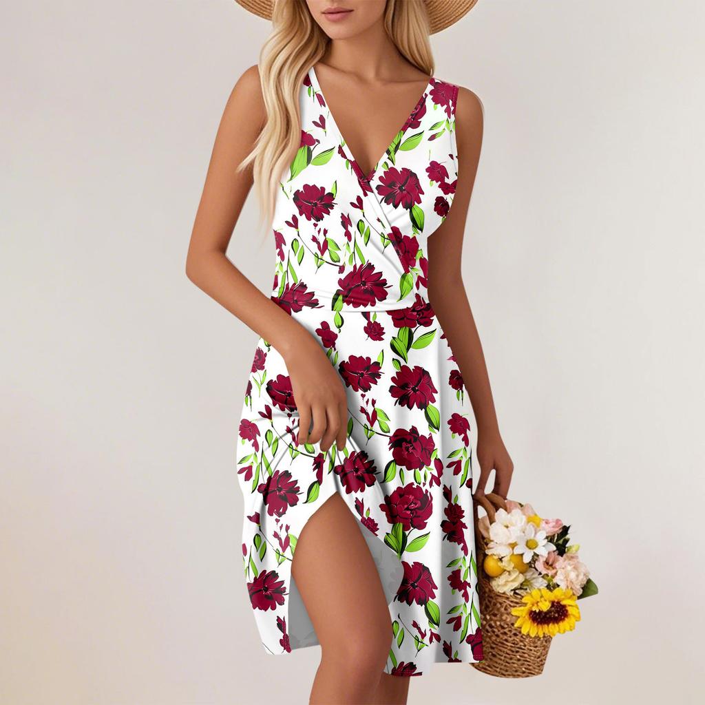 Women's Fashion V-Neck Waist Printed Sleeveless Vest Dresses