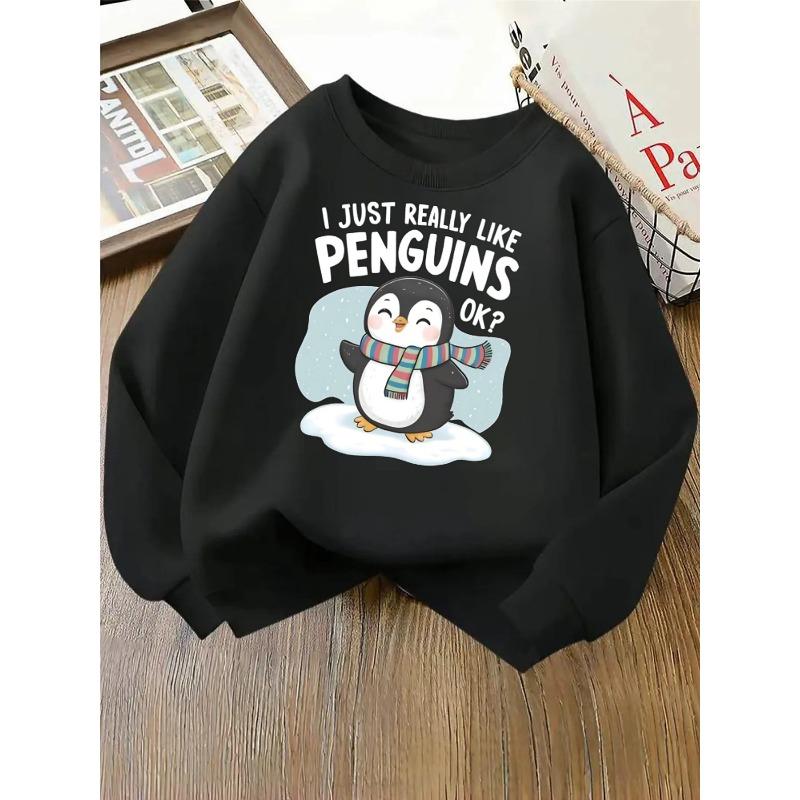 Cute Penguin Winter Scarf Fun Design Girls' Fashionable Crewneck Sweatshirt, Autumn and Winter Western Style Top, Children's Long Sleeved T-shirt