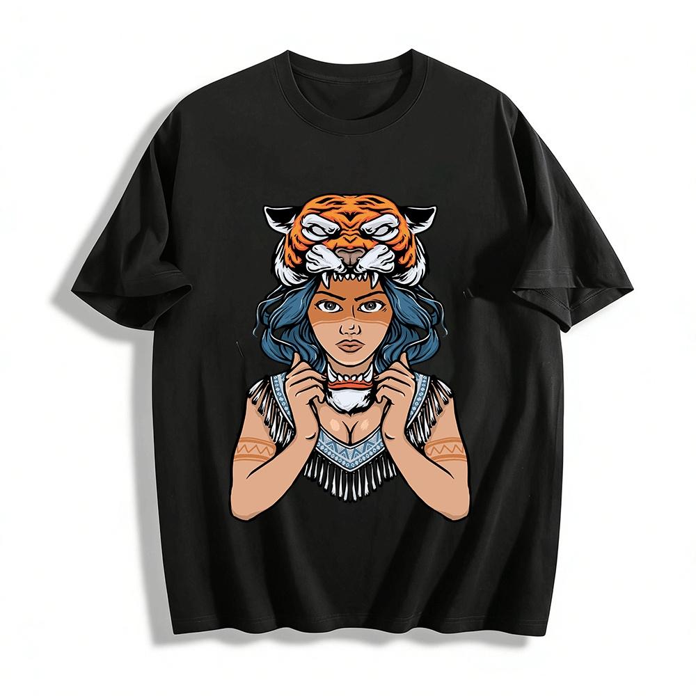 Tribal Tiger Headdress Girl Print Top Ethnic Style Street Cool T-Shirt Pure cotton T-shirt XXS
