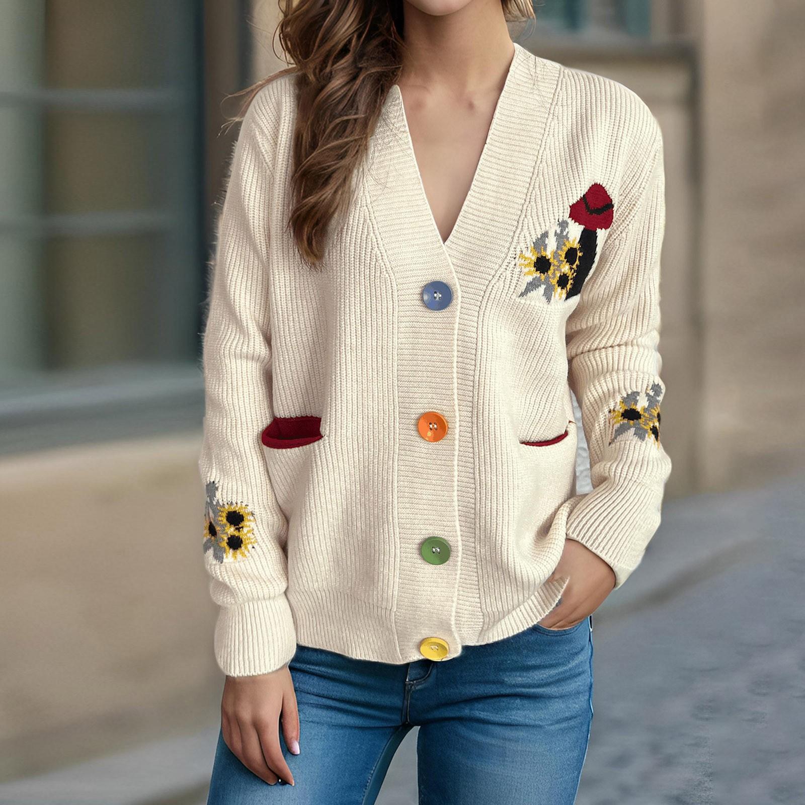 Цветочная вышивка вязаный свитер V-образный вырез контрастного цвета женский свитер повседневное универсальное пальто L бежевый 2569₽