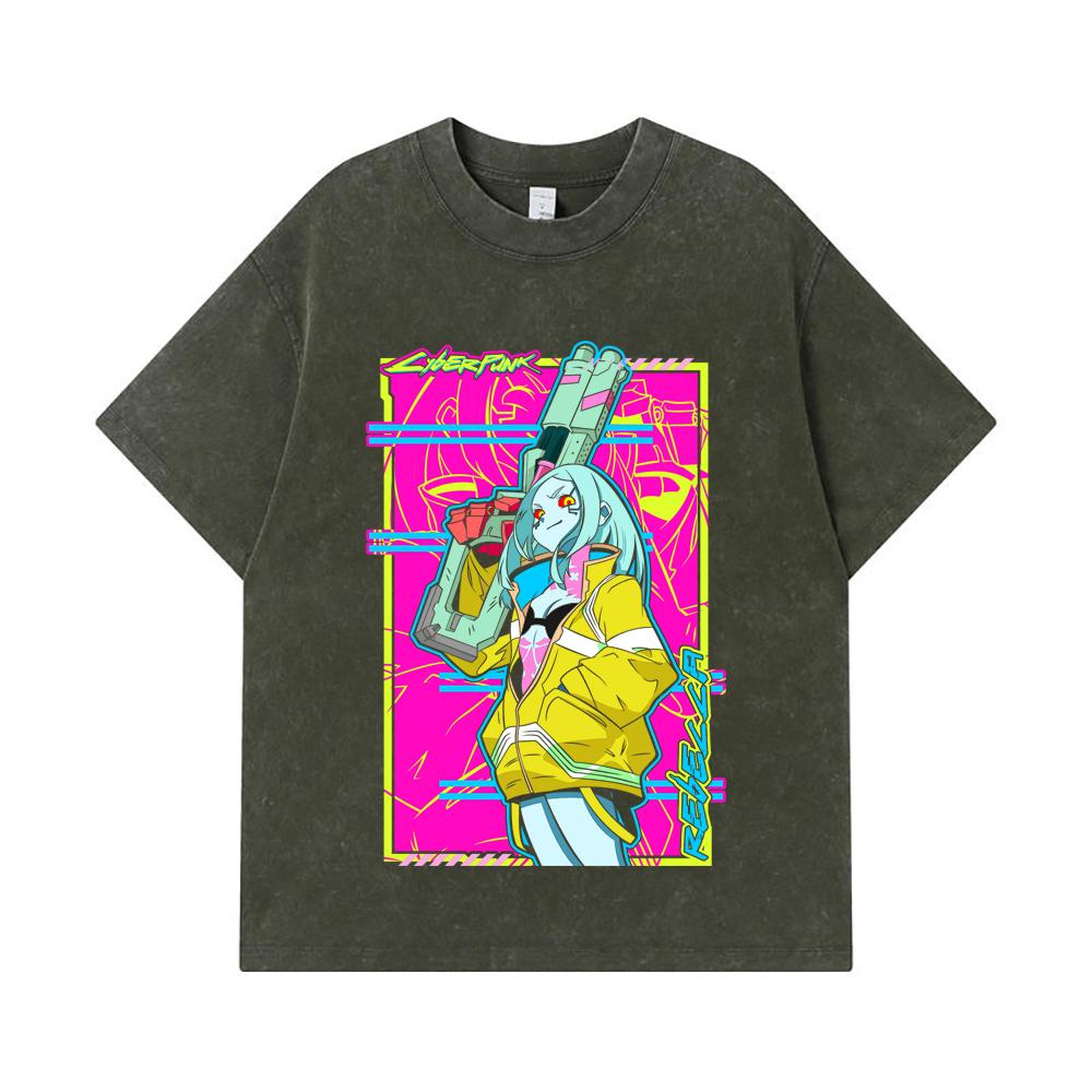 275 GSM Washed T-shirts 100% Cotton Cyberpunk Edgerunners V6 Rebecca Print Unisex Heavy Cotton T Shirt S