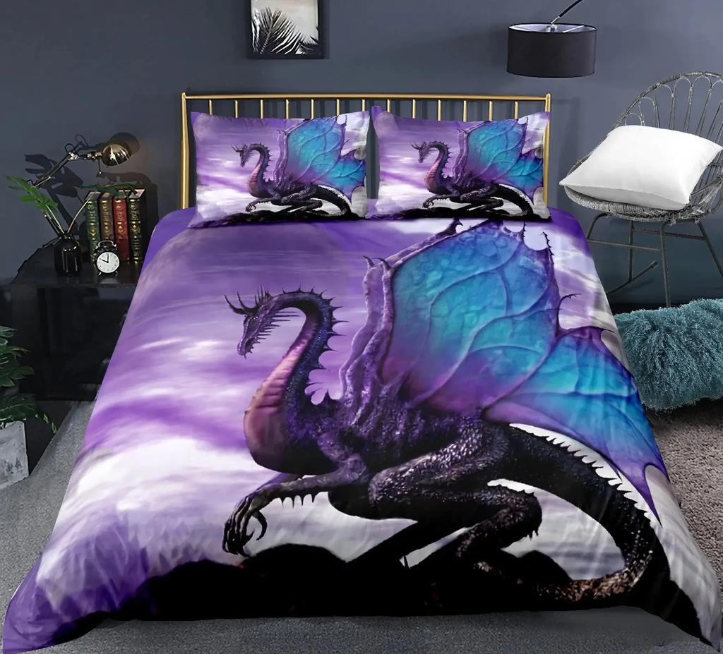 Dragon and Phoenix Duvet Cover Set Full Queen Size, Fantasy World Monster Gothic Bedding Sets Bohemian Mandala Comforter Cover