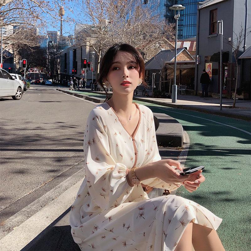 Ulzzang Cute Korean Dresses Online Korean Ruffle Dress Floral Long Sleeve Chiff Longuette Casual French Style Elegant Pretty Long Dress Autumn Spring – Buy The Best Products In The Ayzeze Online Store