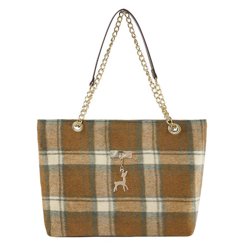Stylish Oversized Woolen Plaid Tote Bag With Chain Strap For Women Street Fashion Shoulder Bag коричневый