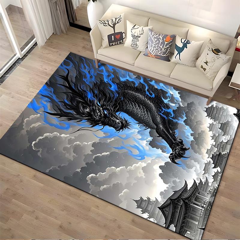 Black Dragon with Blue Flames and Chinese Temple Design Carpet Suitable for use as an anti-slip for living room bedroom sofas