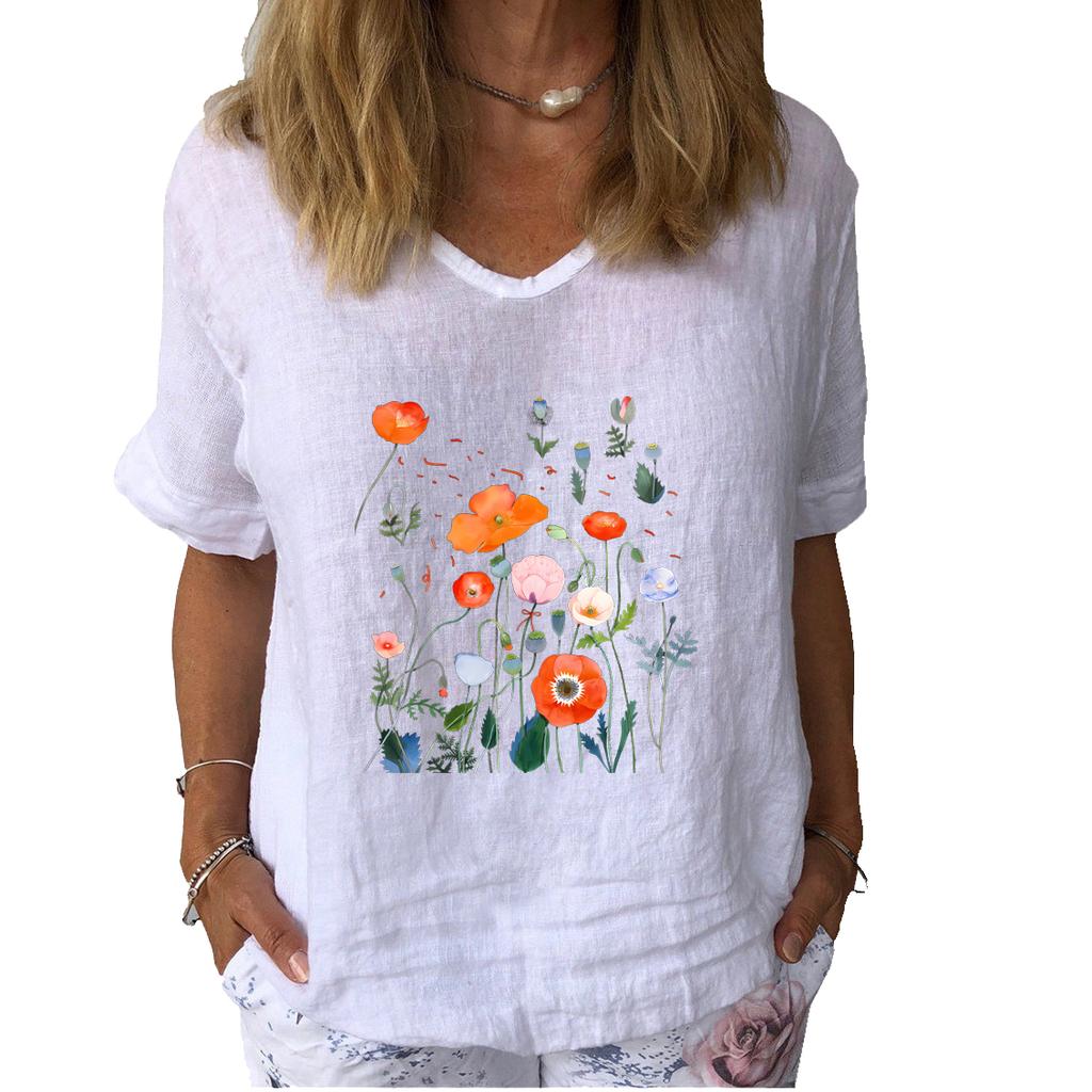Women Fashion Linen Blouse Summer Casual Short Sleeve T-shirt Ladies Floral Print Pullover Loose Top